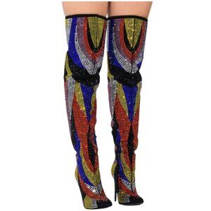 Azalea Wang Glamourous-Multi Embellished Stiletto Thigh High Boots Size 9 NWB